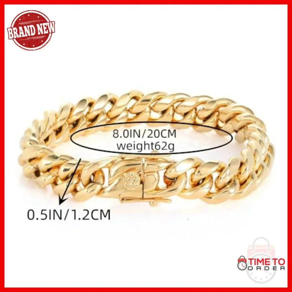 18K Gold Cuban Chain Bracelet 8 Inch Hip Hop Style Unisex Gift